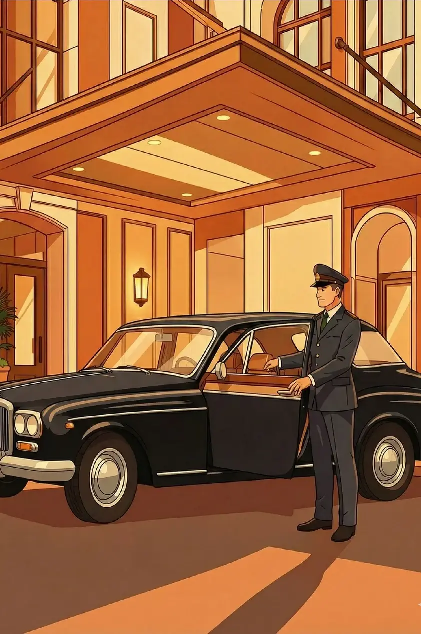 Professional chauffeur greeting guests beside an executive car