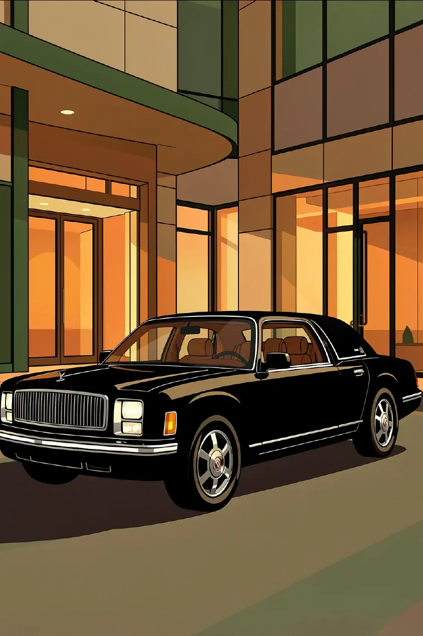 Black executive car outside a modern hotel