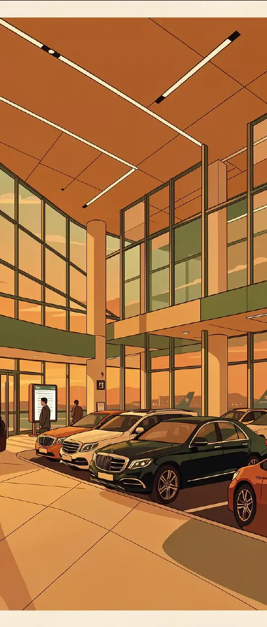 Executive vehicles arranged at a hotel entrance